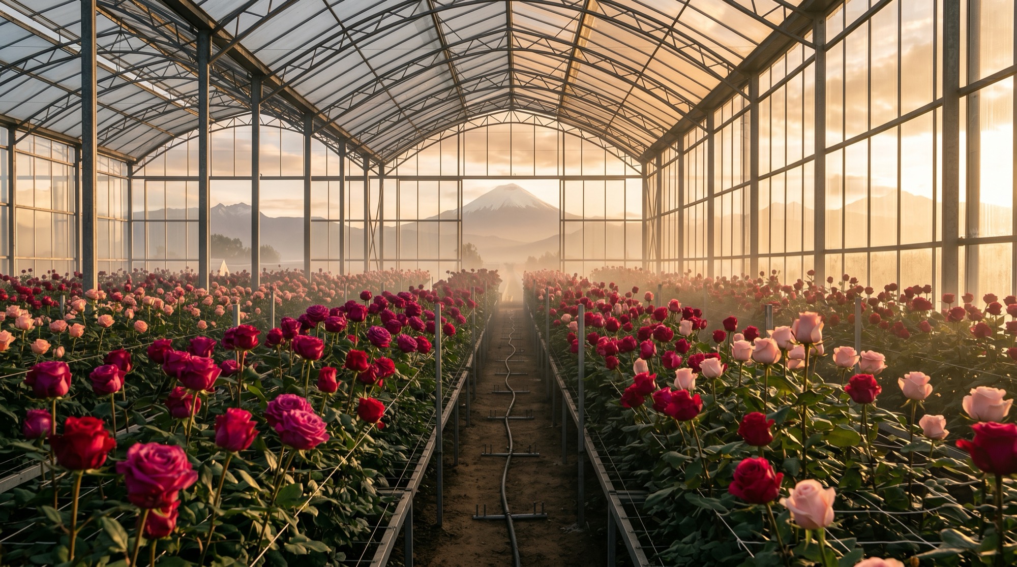 Rows of premium roses inside an Ecuagarden greenhouse with the Andes beyond