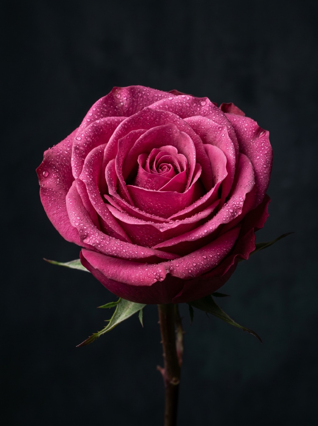 A single dew-covered magenta Ecuagarden rose against a dark background
